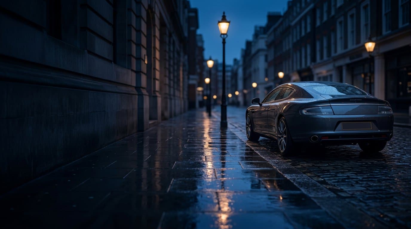 A modern car on a city street at night